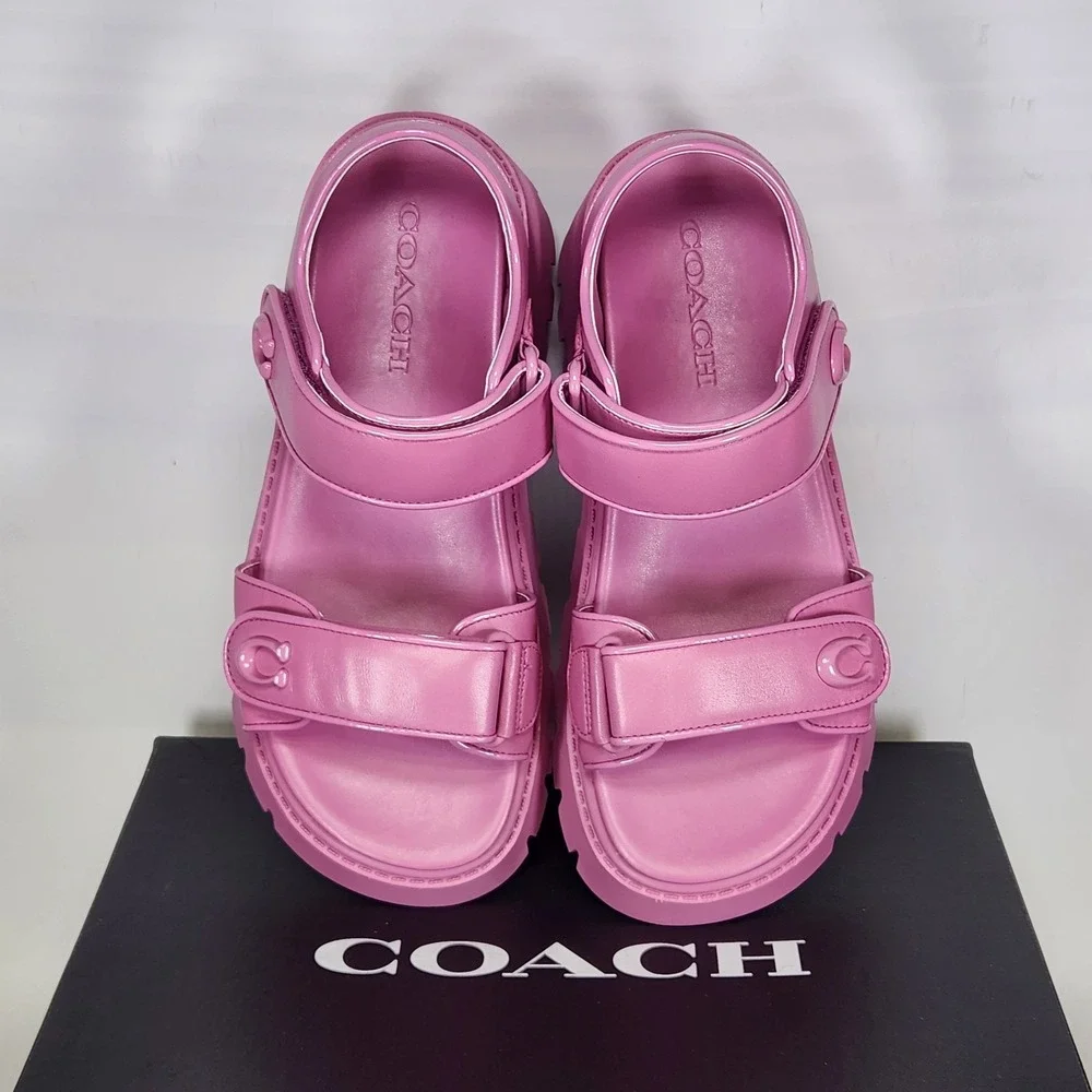 Coach Brynn Platform Sandals Women Size 8.5 Fuchsia Leather Lug Sole
